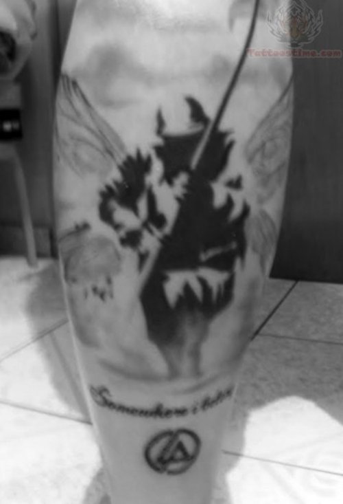 Linkin Park Soldier And Logo Tattoo On Back Leg